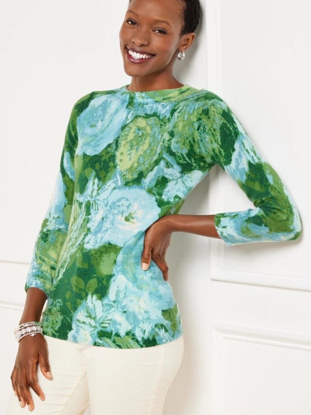 Talbots Audrey Blue Green Floral 100% Cashmere Watercolor Sweater MP M Petite
